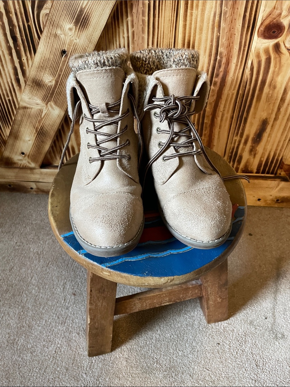 Faux-Suede Lace-Up Ankle Boots with Faux-Fur Collar - Taupe